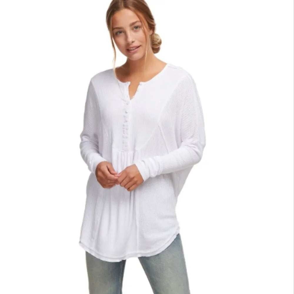 Free People Leo Henley Tee Medium White Ribbed Waffle Knit Thermal Peasant Top